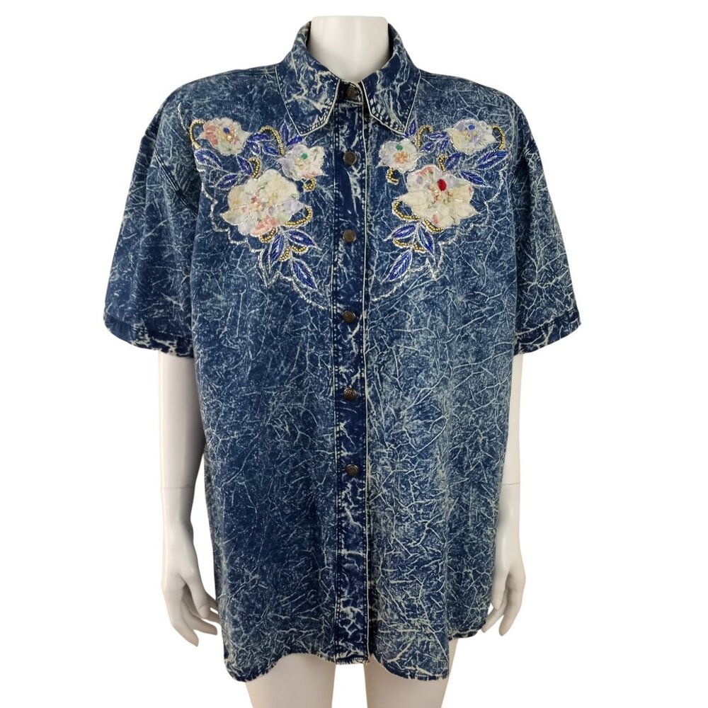 Vintage Pret Blue Acid Wash Embellished Short Sleeve Button Front Shirt